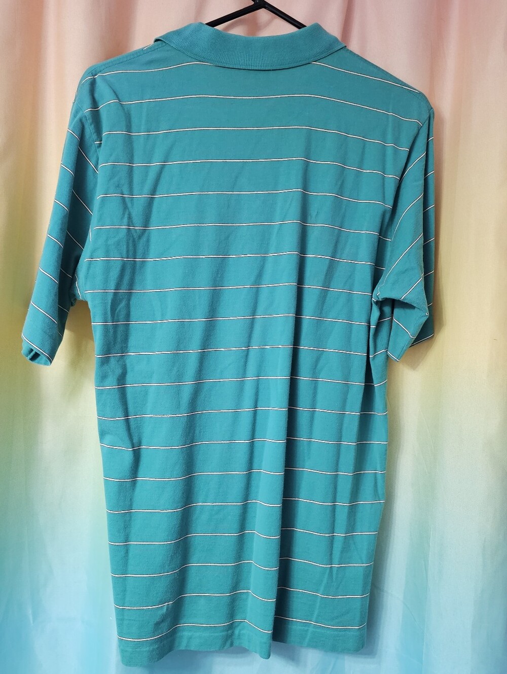 Vintage Izod Lacoste Turquoise Stripe Polo Shirt L 100% Cotton Single Stitch - Picture 6 of 8
